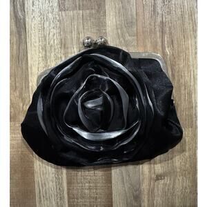 Y2K Milly Bridal Black Rosette Silk Wedding Flower Clutch with Silver Hardware